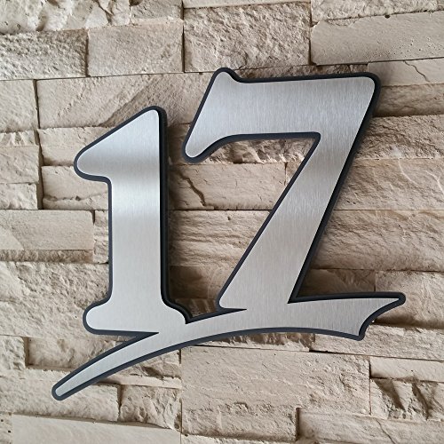 Preisvergleich Produktbild Edelstahl Hausnummer gebürstet rostfrei ( 2-stellig / 17cm Ziffernhöhe )- mit Plexiglas Hintergrund in Anthrazit-grau, Schwarz oder Weiss, 7mm stark - Original ALEZZIO Design - Rostfrei, UV-beständig, Anthrazitgrau ähnlich RAL 7016 mit Edelstahlhausnummer kombiniert - leichte Montage, alle Ziffern und Buchstaben möglich von 1-999, a b c d e f