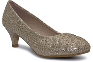KOLLACHE Girls Court Shoes Party Bridesmaid Glitter Diamante Wedding Low Heel Shoes