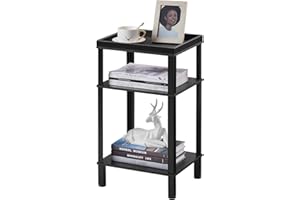 YEAKOO Side Table for Small Spaces,3 Tier End Table with Metal Tabletop Tray Storage Shelf, Small Narrow Thin End Table Bedside Table,Nightstand for Hallway,Living Room, Bedroom, Office/Black