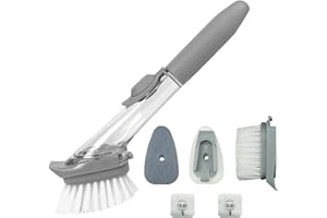Anevios Cepillo de Lavado con Dosificador de Detergente, Cepillo para Platos con 4 Cabezales de Cepillo de Repuesto, Cepillo de Cocina Multifuncional para Utensilios de Cocina, Fregaderos