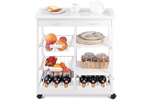 GIANTEX Carrito Auxiliar de Madera con Ruedas, Carrito Multiusos con Cajones, Carro de Cocina con Cestas y Botellero, Ideal para Cocina, Baño, Restaurante, Color Blanco