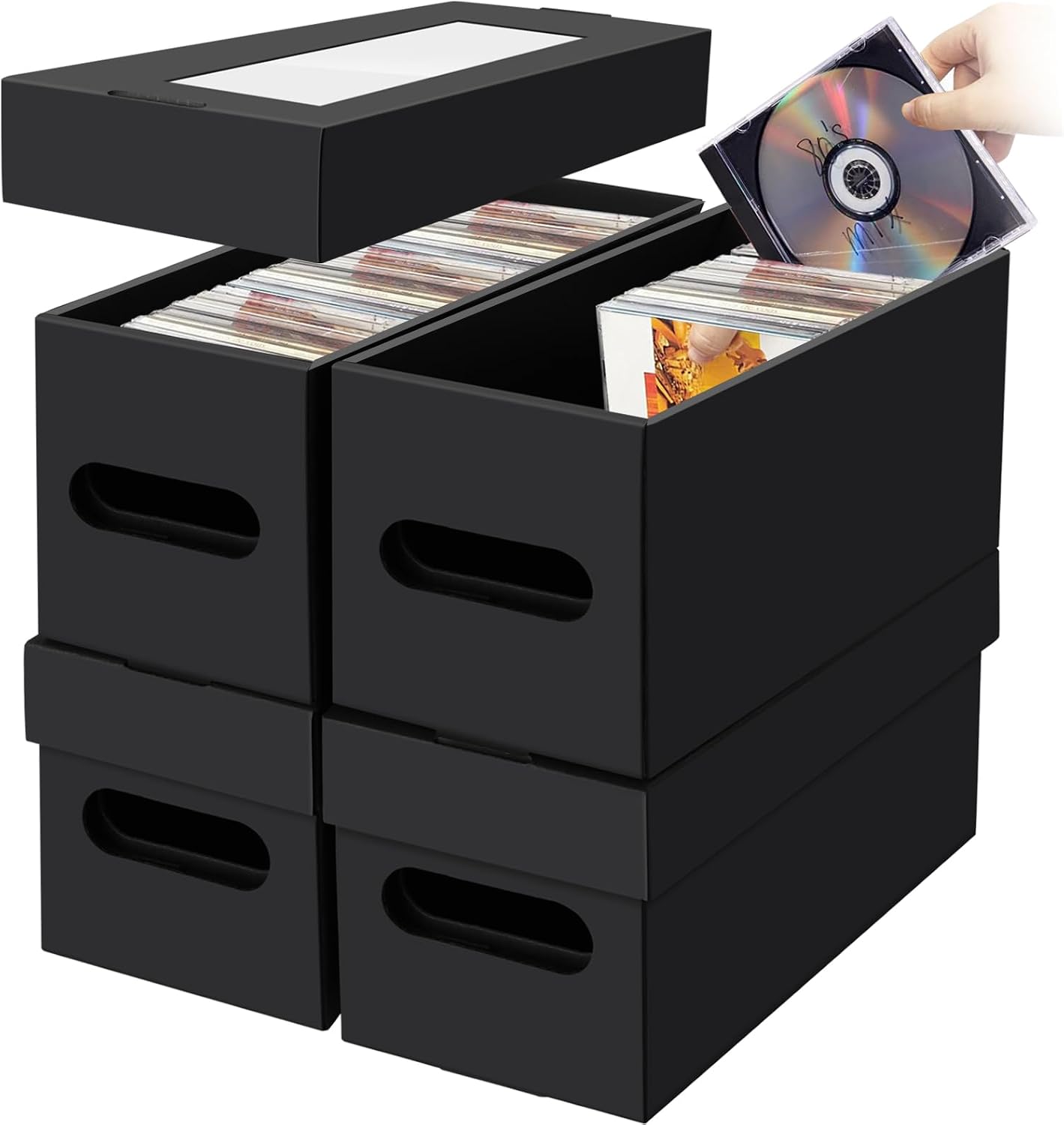 AOBOPLE CD Storage Boxes,4 Pack Cardboard CD Case Storage,CD Case Holder with Lid,One boxe Holds 30 CDs in Full Jewel Cases, 60 CDs in Slim Cases, and 165 Discs in CD Sleeves