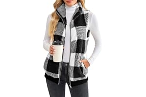 EUDOLAH Damens Fleece Weste mit Reißverschluss im Karo-Muster Warme Steppweste mit Stehkragen in Langer Weiter Passform für Winter und Freizeit
