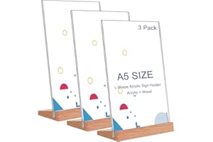 RIFEINOO Acryl Aufsteller A5 mit Holz Sockelboden,3 Stück Tischaufsteller A5,Plakatständer kann Aufsteller Poster, Flyer, Speisekarten, L- Ständer für Werbeaufsteller,Restaurant,Theke (A5-Vertikaler-klar)