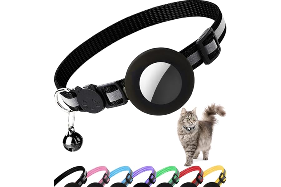Airtag Cat Collar Breakaway, Reflective Kitten Collar with Apple Air Tag Holder and Bell for Girl Boy Cats, 0.4 Inches in Width and Lightweight(Black)