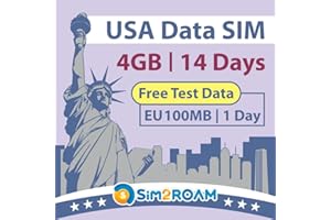 SIM2ROAM USA Data ONLY SIM Card 14 Days | 4GB of 5G LTE Internet Data | FREE Test Data 100MB/1Day in Europe | Travel SIM Card | Dual Local USA Carriers, AT&T & T-Mobile |Prepaid SIM Card