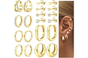 Dochais 10 paires boucles d'oreilles or/argent 316L acier chirurgical, créoles huggies or， 14 carats plaquées boucle d'oreilles zircone hypoallergénique, pour femmes avec plusieurs piercings