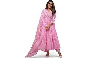 RANGMAHAL STORE RangMahal Damen Indische Stickerei und Sequenz Heavy Work Kurta Hose mit Pinseldruck Dupatta Set