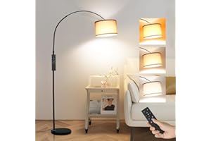 ANTENLICHT AURA Lampada ad Arco con Telecomando | Lampada da Terra Dimmerabile | Con LED E27, Paralume in Lino 33 cm Marrone | Interruttore a Pedale | Design Vintage per Camera, Hotel