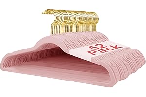 ‎WELLONG Wellong Velvet Hangers, 45 cm Non-Slip Felt Hangers, Sturdy Suit Hangers with Shoulder Notches, Space Saving Hangers for Coats, Trousers, Silver, Pack of 52 - Pink with Gold Hooks