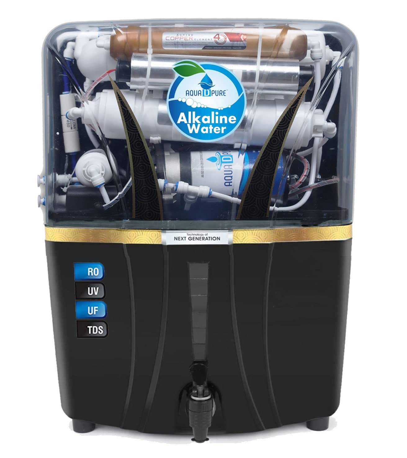 AQUA D PURE Copper + Alkaline RO Water Purifier 12L RO+UV+UF Copper + Bio-Alkaline +TDS Control+UV Purified Water, Black By (