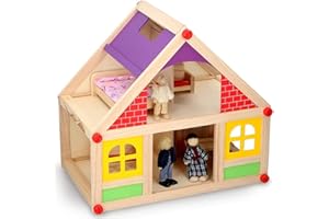 STAKMANN Casa delle Bambole in Legno Giocattolo per Bambini 2 Piani 4 Stanze con 3 Bamboline con Abiti in Tessuto e Capelli in Lana + Mobili e Accessori Gioco Dimensione 28 x 40 x 35 cm