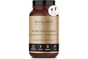 Acide Hyaluronique + Collagène Marin + Vitamine C + Vitamine E | Anti-âge | Anti-Rides | Hydratation & Élasticité de la peau | Made in France | 120 gélules - 2 mois de cure | Beauty & Wild