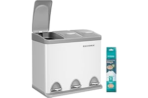 SONGMICS Cestino per Rifiuti da Cucina, 3 x 8 L Pattumiera Differenziata Piccolo Volume, Cestino Triplo in Acciaio, Pedali e Secchi Interni, Facile da Pulire, Bianco e Grigio LTB24WT
