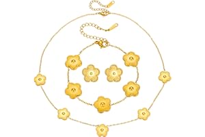 Hanaoops Parure di Gioielli da Donna Collana Bracciale Orecchini Quadrifoglio Parure Gioielli Placcato Oro 18K Acciaio Inossidabile Fortunato Quadrifoglio Set di Gioielli per Donne e Ragazze