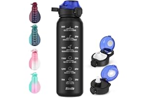 SLUXKE 1 litre Gourde Isotherme avec Handle & Marquage De Temps, 1000ml Bouteille d'eau en 316 Acier Inoxydable isolé à Double Mur sans BPA Anti-Fuite pour Sport, Gym, Voyage BLACK, Noir