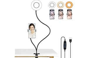 LEDGLE Clip On Desk Lamp Led Ring Light with Phone Holder, 3-Colors Dimmable and Stepless Dimming, Amber Eye-Care Light, for Tiktok YouTube Video Makeup Photography Live Streaming
