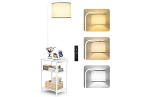 OUTONLIFE Lámpara de Pie con Mesa y Estante, LED Regulable con Mando a Distancia, 3 Temperaturas de Color, Mesa Auxiliar con Función de Carga y Espacio de Almacenamiento para Salón o Dormitorio