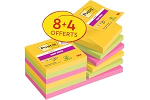Post-it Foglietti Super Stick Z-Notes, Carnival, Pacchetto Convenienza da 8 blocchetti + 4 gratis, 90 Fogli/blocco, 76mm x 76mm, Colori Giallo, Verde, Rosa. Per Appunti, Elenchi & Promemoria
