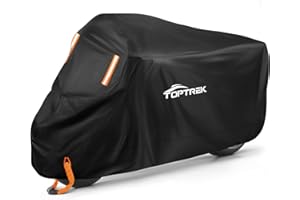 toptrek Pokrowiec na motocykl z taśmą ze szwem, plandeka na motocykl 210D Oxford, wodoszczelna, oddychająca, do użytku na zewnątrz, czarna (265 x 105 x 125 cm)