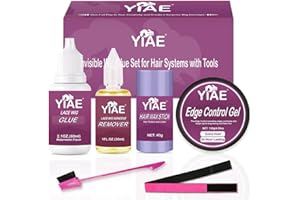 YIAE Kit d'accessoires pour Perruque Cheveux Humain, 60ml Colle Perruque Lace Wig Waterproof & Transparente, Kit Perruque avec Dissolvant Colle Perruque/Hair Wax Stick/Kit de Edge Control - 6Pc.