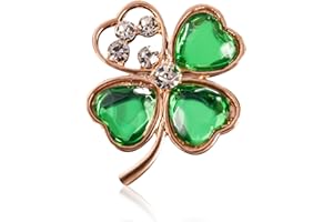 JNAWA St. Patrick’s Day Green Diamante Four Leaf Clover Shamrock Brooch Irish Ireland Gold Broach for Irish Festival Gift