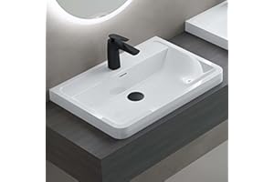 doporro Lavabo da Appoggio, Lavandino Bagno 60x42x13cm, Lavabo da Minerale Fuso Colossum08, Bianco lucido