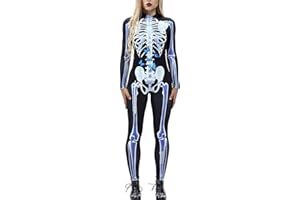 Idgreatim Combinaison catsuit squelette pour femme Halloween Impression 3D, manches longues