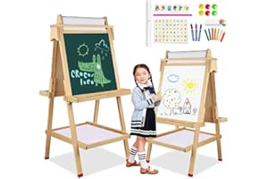 NUKIED Kids Easel with Paper Roll Double Sided Chalkboard Whiteboard Toddler Wooden Painting Art Standing Easel Height Adjustable with Storage Tray Letters Numbers and Other Accessories