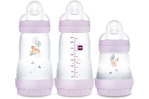MAM Pretty Girl Lot de 2 biberons anti-coliques pour nouveau-né 260 + tétines en silicone souple MAM + attache tétine NIP +