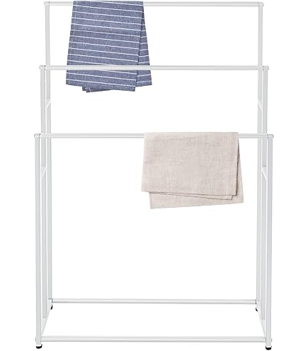 Porte-Serviettes Sur Pied Blanc 4 Barres Avec Étagère - Support Serviettes Salle De Bain Métal 80x25x120 Cm