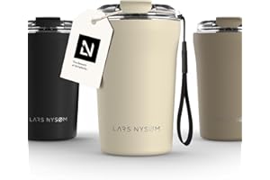 LARS NYSØM Mug Isotherme Cafe to-go avec sangle et couvercle en tritan 380ml | Tasse de voyage 0.38 litre avec isolation | Tasse thermique étanche en acier inoxydable (Almond Beige, 380ml)