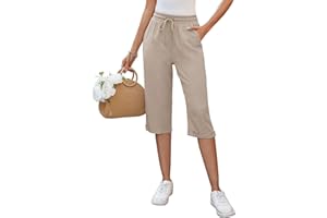 Auffortria Damen Leinen Sommerhose 3/4 Casual Leichte Baumwolle Leinenhose Bequeme Luftige Locker Freizeithose Strandhose Mit Taschen