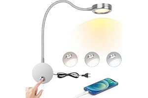 ‎ERWEY Leselampe Wandmontage, LED Bettleuchte Wandleuchte mit Touch Button Einstellbar Licht 3000-6000K, 4W Bettlampe 360° Flexible Schwanenhals Lampe mit USB-Ladeanschluss für Bett, Schlafzimmer, Silber