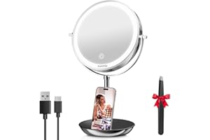 Auxmir Specchio con Luci di 3 Colori, Ingranditore 30X/1X, Luminosità Regolabile Bifacciale Rotazione a 360°con Contenitore, Ideale per Trucco, Rasatura e Cura del Viso