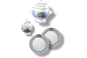 Bavarian Liquids 4-Piece Bavarian White Sausage Set with Diamond Rim, White Sausage Terrine or White Sausage Pot 1 Litre Mustard Pot and 2 White Sausage Plates