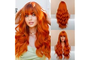 LYPPUL Lang Lockige Orange Rot Perücken, Lange Orange Perücken mit Pony, 65CM Lange gewellte Perücken, Synthetische Perücke, Natürliche Synthetische Haare für Frauen Tägliche Party Cosplay