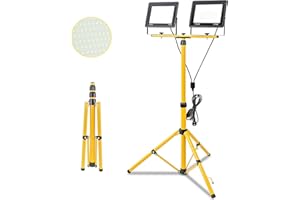 Fynokst Foco de Trabajo LED 200W con Trípode Telescópico, 20000LM 6500K Foco de Trabajo LED con Enchufe Cable de 3m, Rotación de 360°, IP66 Impermeable Luz de Trabajo para Taller, Obras, Garaje