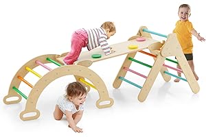 GYMAX 4 in 1 Set Arrampicata per Bambini con Scivolo,Triangolo di Arrampicata di Gioco in Legno, Giocattoli da Arco di Arrampicata, per Bambini 1 Anno+ (COLORATO)