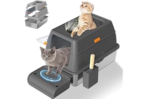 MILKIWAI Stainless Steel Cat Litter Tray with Lid XXL Extra Large Litter Box 60L Odour-Resistant Stainless Steel Litter Tray for Big Cat with Scoop, Step Never Absorbs Odor, Non Stick Surface Grey