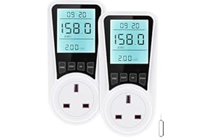 Electric Usage Monitor 2 Pcs, Besvic Energy Monitor with Backlight LCD Display, 7 Monitoring Modes Power Meter, Voltage Amps Wattage KWH Consumption Monitor, 2900W/13A Overload Protection, UK Plug