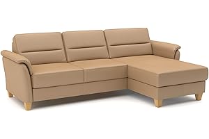 ‎CAVADORE CAVADORE Leder-Eckcouch Palera mit Longchair / Landhaus-Sofa mit Federkern, Schlaffunktion + Bettkasten / 244 x 89 x 163 / Leder Beige