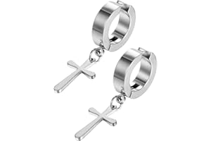 Jewelrywe Pendientes de hombre Mujer, Pendientes de Cruz Semental Aro, Sin Perforación,Pendientes Falsos, Color Plateado Negro, Regalos para Navidad