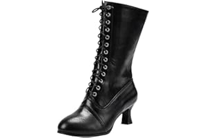 SOONERQUICKER Bottes à lacets pour femme - Longueur mollet - Style victorien - Cuir - Talon Louis - Vintage - Steampunk gothique
