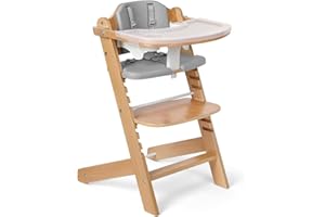 Cowiewie 3-in-1 Convertible Natural Wooden High Chair for Babies and Toddlers | 8 Levels Height Adjustable, 3-Tier Trays, 2 Waterproof Cushions, Sturdy Frame for Safe Feeding and Growing Up (Grey)