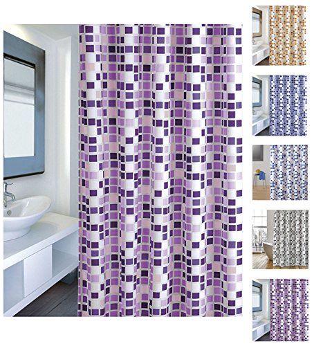 Cotexsa by MSV Premium Anti-Schimmel Textil Duschvorhang - Anti-Bakteriell, waschbar, 100% wasserdicht, mit 12 Duschvorhangringen - Polyester, „Mosaik“ Violett 180x200cm – Made in Spain