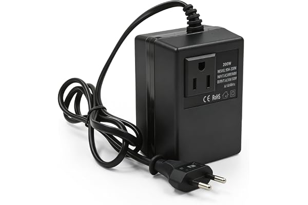 Spänningsomvandlare Transformator 220V till 110V, 200W nätadapter ner, nätadapter steg ner strömomvandlare med överhettningsskydd, steg ner spänningsomvandlare transformator för hårstrykjärn