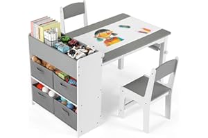 MAMIZO Kindertisch mit 2 PCS Stühlen, Maltisch & Basteltisch Kinder, Tisch & Stühle Kinderzimmer Set, Spieltisch mit Stauraum für Kinder ab 3 Jahren (Grau Weiß)