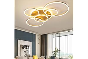 JINWELL Lampa sufitowa LED z pilotem zdalnego sterowania, nowoczesna lampa wisząca, lampa sufitowa, akrylowa, nowoczesna, elegancka, matowa, aluminiowa, złota, 6 pierścieni, 86 W