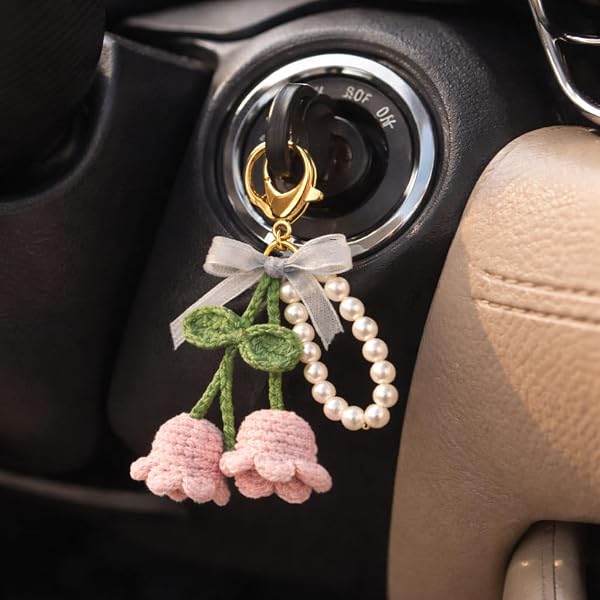 Rose Crochet Keychain with Pearl Beads, Red Flower Charm, Gold